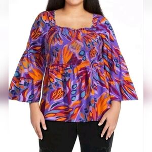 Terra & Sky Womens Bell Sleeve Smocked Top 2 X